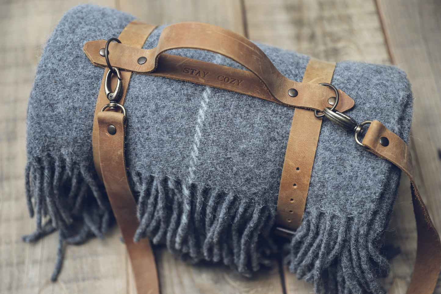 Personalized Leather Handle Strap with Gingham Gray Wool Throw Blanket