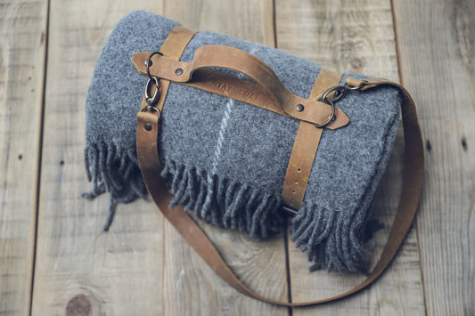 Personalized Leather Handle Strap with Gingham Gray Wool Throw Blanket