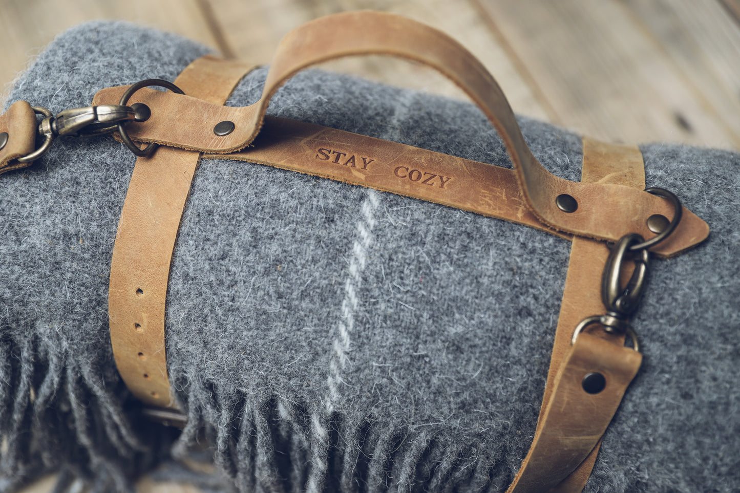Personalized Leather Handle Strap with Gingham Gray Wool Throw Blanket