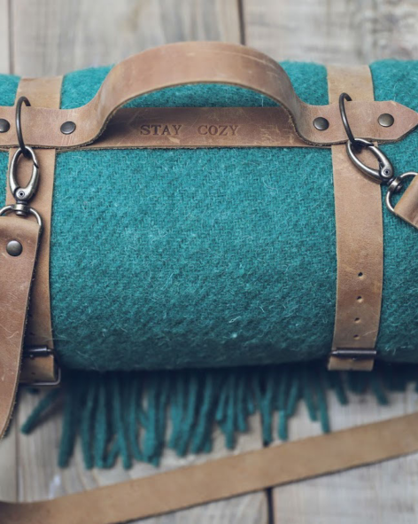 Personalized Leather Handle Strap with Green Wool Throw Blanket