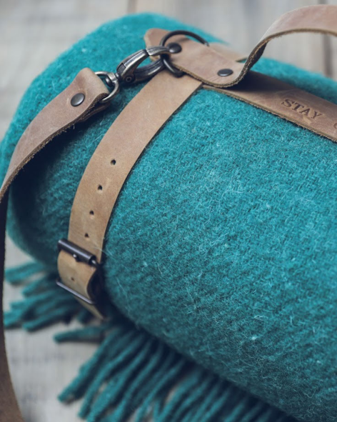 Personalized Leather Handle Strap with Green Wool Throw Blanket