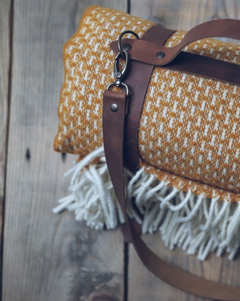 Personalized Leather Handle Strap with Yellow Mustard Wool Throw Blanket