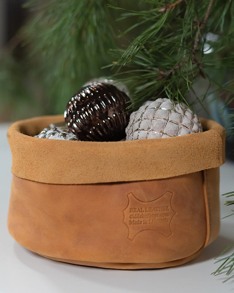 Rustic Style Storage Leather Basket / Decorative Hide Basket