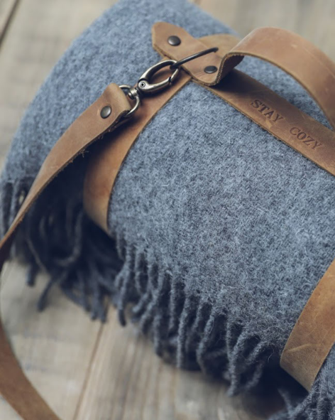 Personalized Leather Handle Strap with Gray Wool Throw Blanket