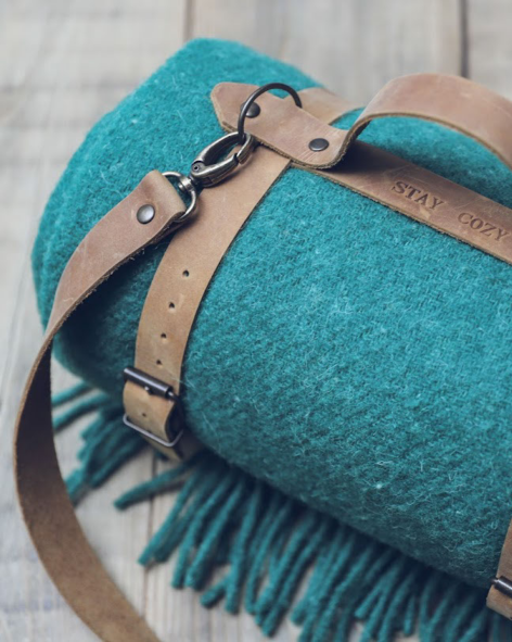 Personalized Leather Handle Strap with Green Wool Throw Blanket