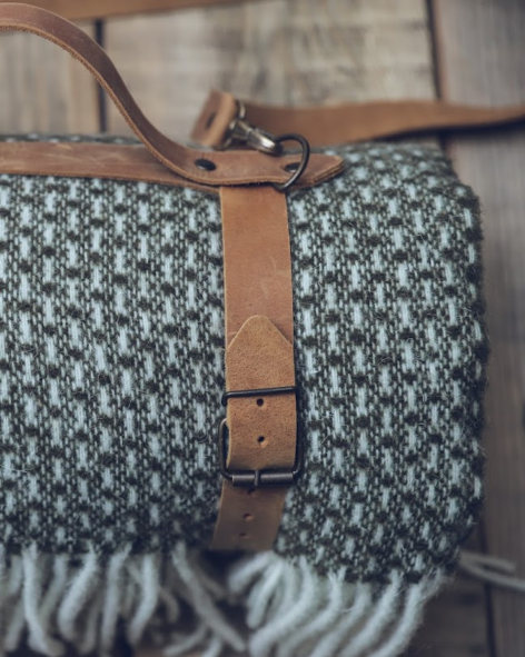 Personalized Leather Handle Strap with Khaki Wool Throw Blanket