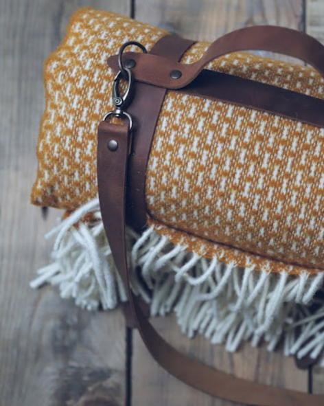 Personalized Leather Handle Strap with Yellow Mustard Wool Throw Blanket