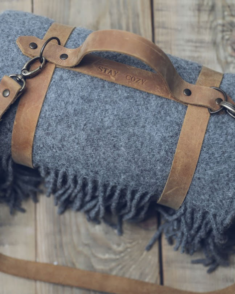 Personalized Leather Handle Strap with Gray Wool Throw Blanket
